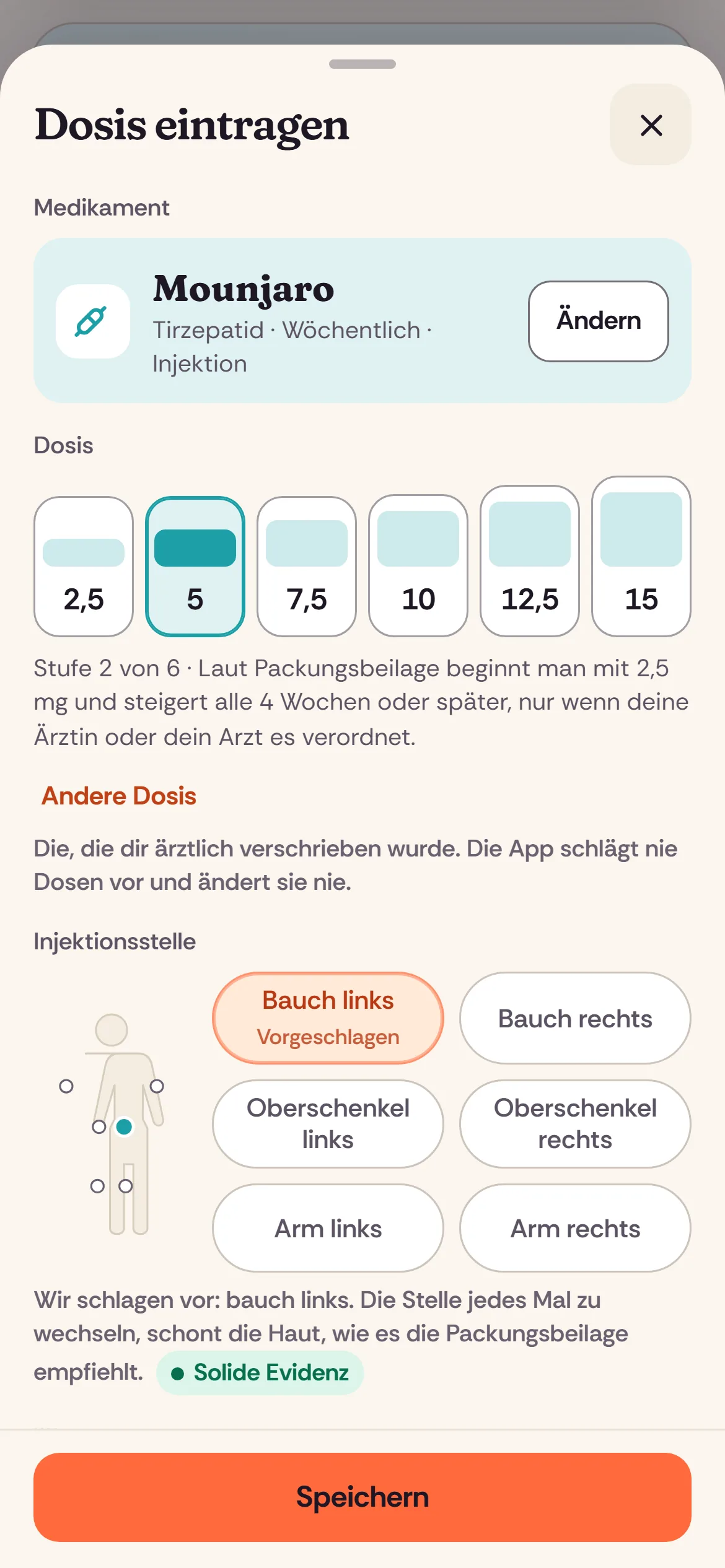 Dein Medikament und die Dosis laut Beilage, mit einem Tipp