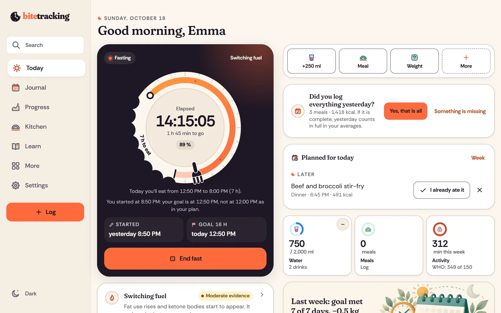 Forkclock on a computer: Today with the plate-clock, meals and the day summary