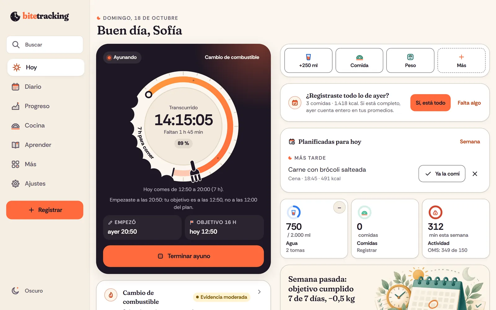 Forkclock en el ordenador: Hoy con el plato-reloj, las comidas y el resumen del día
