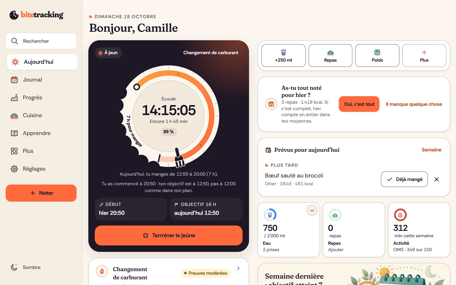 Forkclock sur ordinateur : Aujourd'hui avec l'assiette-horloge, les repas et le résumé du jour