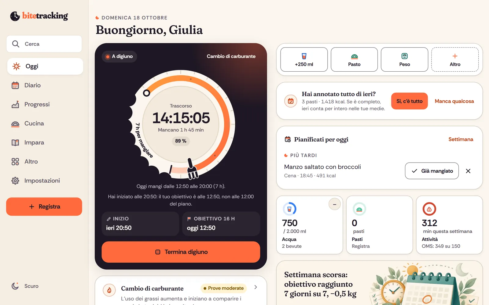 Forkclock sul computer: Oggi con il piatto-orologio, i pasti e il riepilogo del giorno