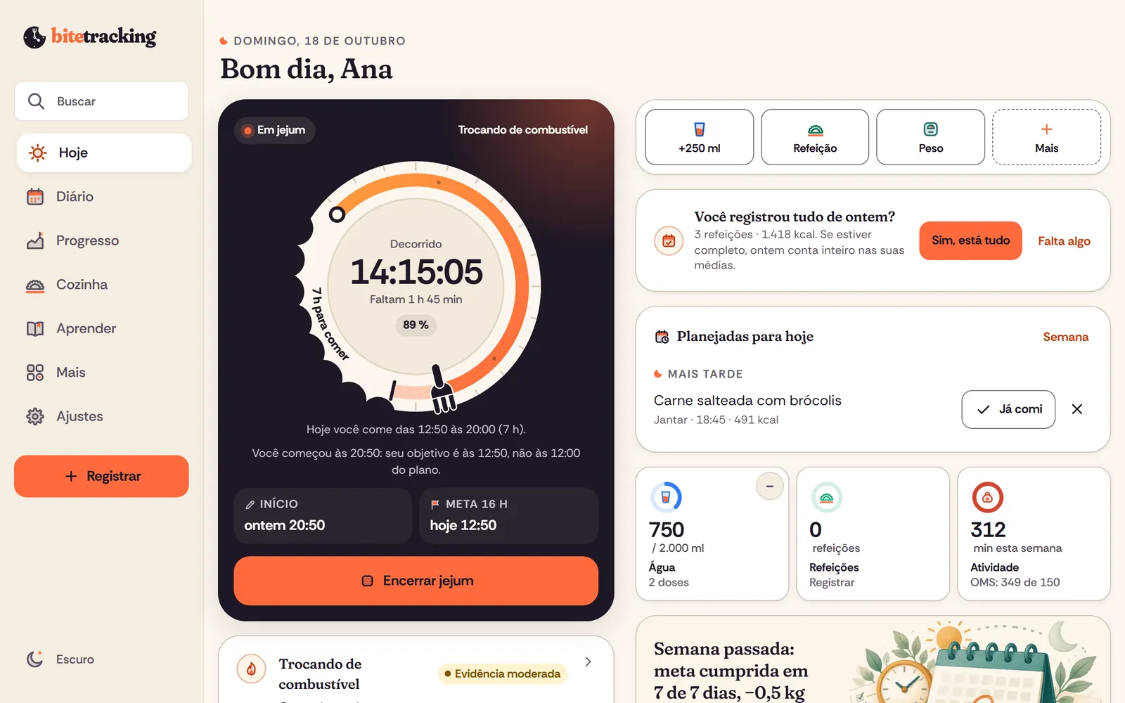 Forkclock no computador: Hoje com o prato-relógio, as refeições e o resumo do dia